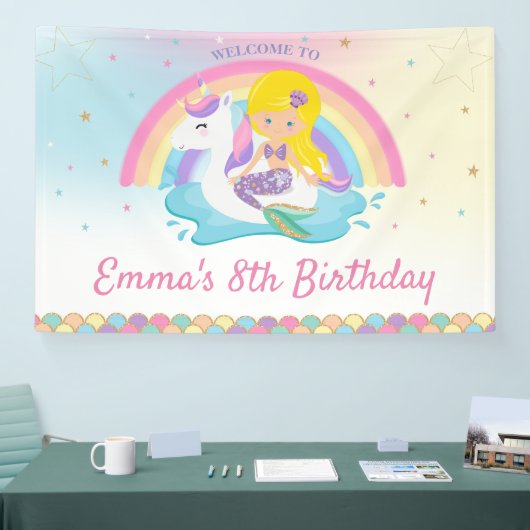 ブロンドマーメイドユニコーンプール誕生日へようこそ 横断幕 (トレードショー)