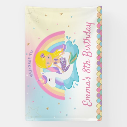 ブロンドマーメイドユニコーンプール誕生日へようこそ 横断幕 (縦)