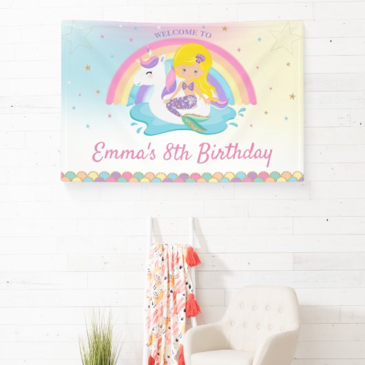 ブロンドマーメイドユニコーンプール誕生日へようこそ 横断幕 (インサイチュ)