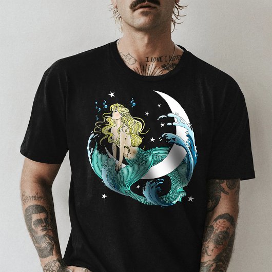 ブロンドマーメイド三日月ファンタジーアールデコ Tシャツ