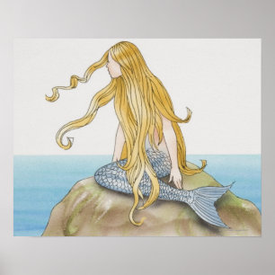 ブロンド人魚の海の岩の上に座って、サイドビュー。 ポスター