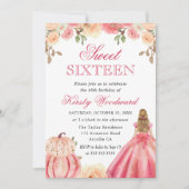ブロンド女の子のピンクドレスフローラパンプキンズスウィート16 招待状 (正面)