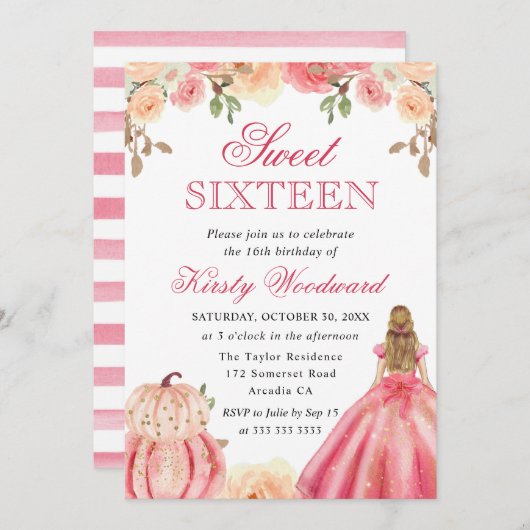 ブロンド女の子のピンクドレスフローラパンプキンズスウィート16 招待状 (正面/裏面)