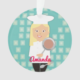 ブロンド女の子シェフハットフライパンパーソナライズされた オーナメント