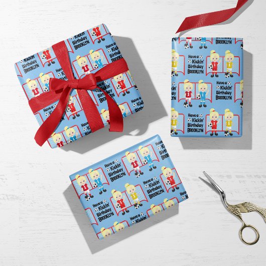 ブロンド女子サッカーパーソナライズされた ラッピングペーパーシート