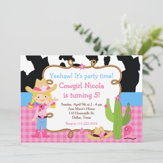ブロンド女性のカーボーイウェスタンバースデーパーティー 招待状 (スタンド正面)