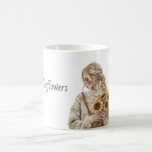 ブロンド女性ひまわりセーター コーヒーマグカップ