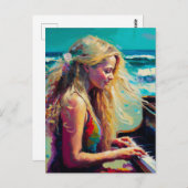 ブロンド女遊のピアノのビーチ ポストカード (正面/裏面)