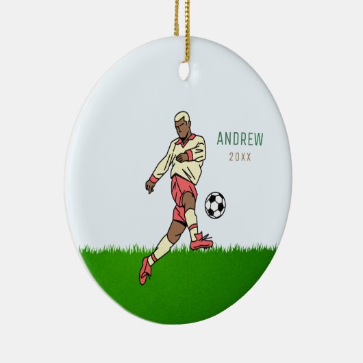 ブロンド少年サッカー選手の子供の名前の年日付スポーツ セラミックオーナメント (右)