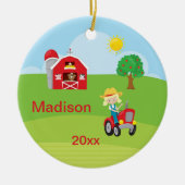 ブロンド幸せな農場で働く女性の納屋のトラクター動物 セラミックオーナメント (正面)