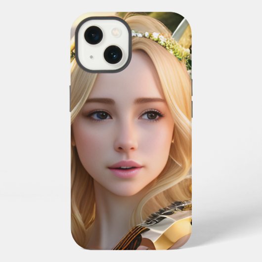 ブロンド美しい遊ミューズのハープ iPhoneケース (裏面)