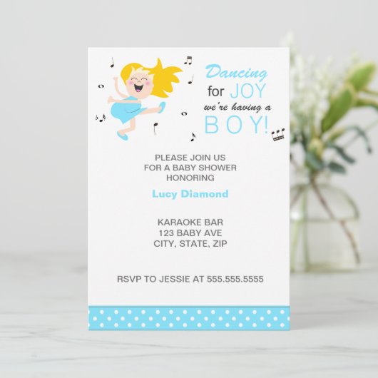 ブロンド踊りジョイモダンブルーボーイ赤ちゃんシャワー 招待状 (スタンド正面)