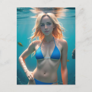 ブロンド髪の女性ブルービキニ水中写真 ポストカード