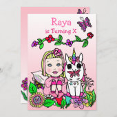 ブロンド髪の妖精とユニコーンピンク誕生日 招待状 (正面/裏面)