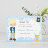 ブロンド髪の男の子ファースト・コミュニオンダマスク サンキューカード (スタンド正面)