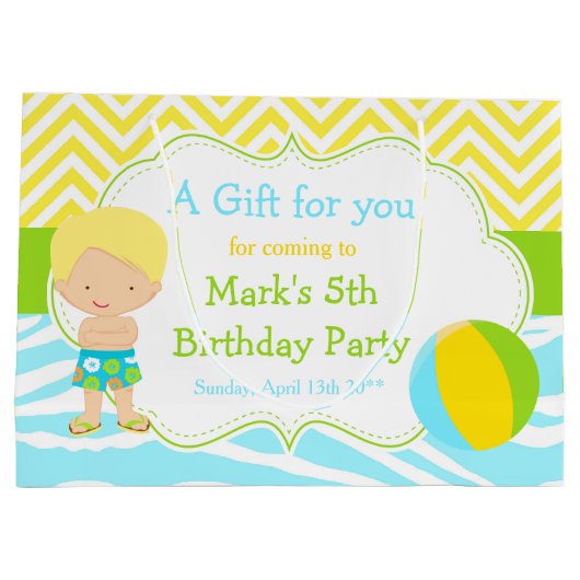 ブロンド髪の男の子プールパーティーバッシュパーティーありがとう ラージペーパーバッグ (裏面)