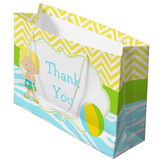 ブロンド髪の男の子プールパーティーバッシュパーティーありがとう ラージペーパーバッグ (正面アングル)