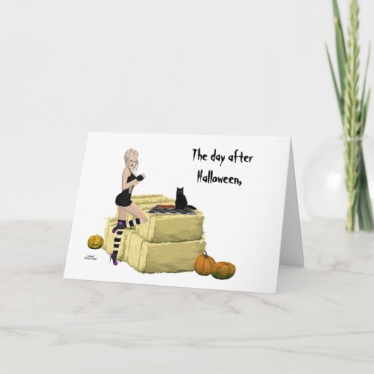ブロンド魔女ピンアップガールハロウィーンのグリーティングカード カード (正面)