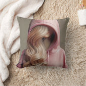 ブロンド10代のガールインザピンクフード付きスウェットシャツ クッション (ブランケット)