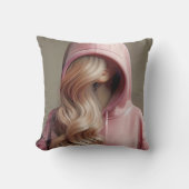 ブロンド10代のガールインザピンクフード付きスウェットシャツ クッション (正面)