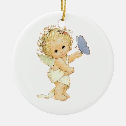 ブロンド・エンジェルベビーと蝶。金属オーナメント セラミックオーナメント (正面)