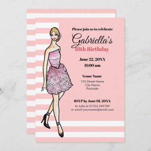 ブロンド・ガールとピンクのバラのカクテルドレス 招待状 (正面/裏面)