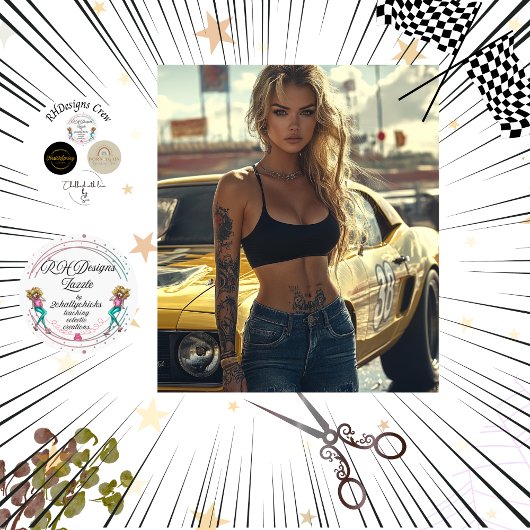 ブロンド・シック&彼女のマッスルカーのデカップポスター 薄葉紙