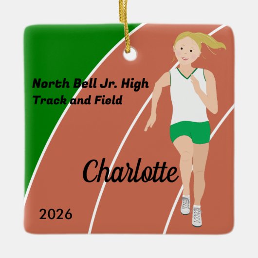 ブロンド・トラック&フィールド・ガールinグリーンとホワイト セラミックオーナメント (正面)