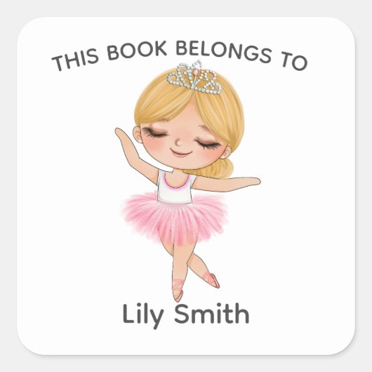 ブロンド・バレリーナ・ティアラの名前バレエ・ブックラベル スクエアシール (正面)