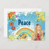 ブロンド・ヒッピー・ガール、花と虹の平和 ポストカード (正面/裏面)