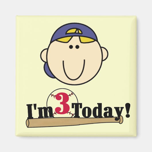 ブロンド・ボーイ・ベースボール3歳の誕生日 マグネット (正面)