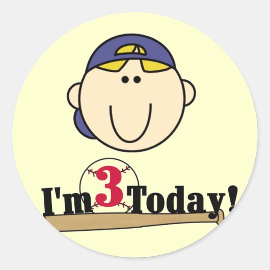ブロンド・ボーイ・ベースボール3歳の誕生日 ラウンドシール (正面)