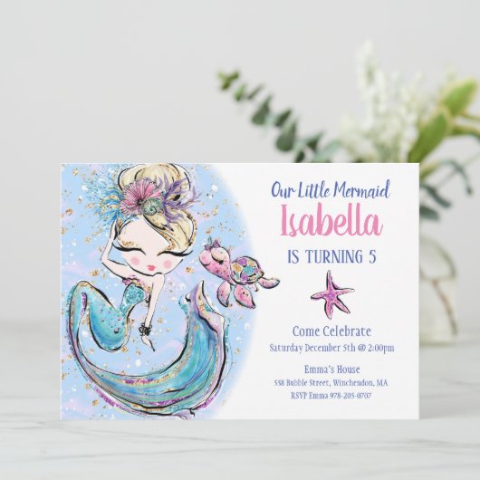 ブロンド・マーメイド誕生日パーティーの招待 招待状 (スタンド正面)