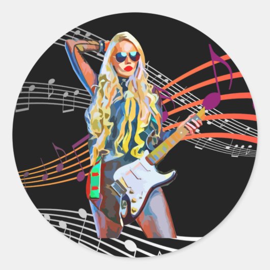 ブロンド・ロッカー抽象芸術ウィメンギターミュージックアート ラウンドシール (正面)