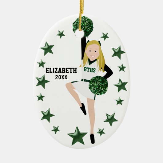 ブロンドPOMスクワッドグリーンとホワイト セラミックオーナメント (正面)