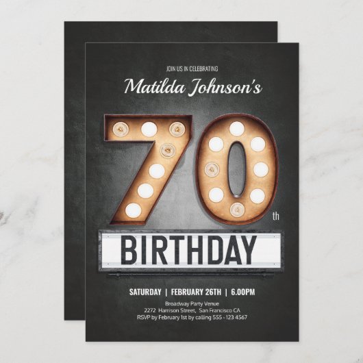 ブロードウェイマーキー70番目の誕生日ヴィンテージカスタムおもしろい 招待状 (正面/裏面)