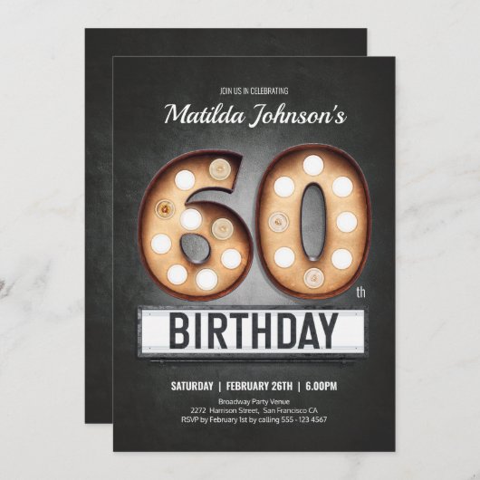 ブロードウェイ60誕生日ヴィンテージマーキーおもしろい 招待状 (正面/裏面)