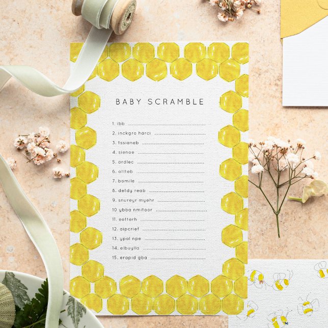 ブンズビーズベビーABCsベビーシャワーゲーム (Yellow watercolor bees and honeycomb Baby Shower word scramble game sheets.)