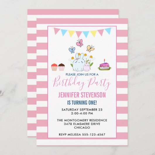 ブンニーズ、蝶とデイジー誕生日パーティー 招待状 (正面/裏面)