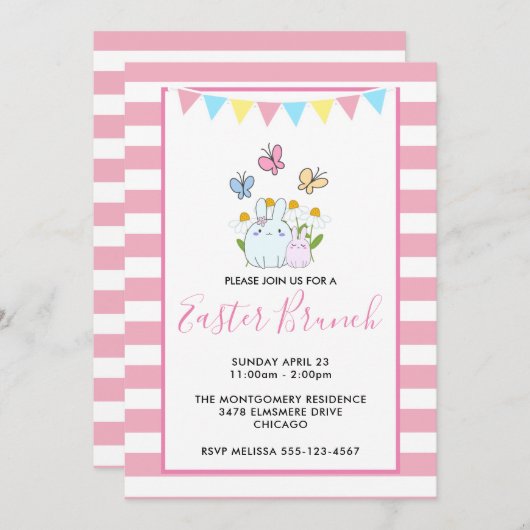 ブンニー、蝶とデイジーイースターブランチ 招待状 (正面/裏面)