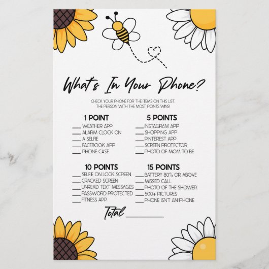 ブンブンいう音Honey Bee In Your Phone Baby Shower Game 便箋 (正面)