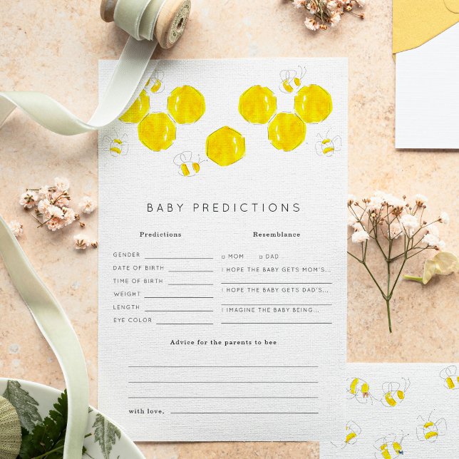 ブンブンベビー予報赤ちゃんシャワーゲーム (Yellow watercolor bees and honeycomb Baby Shower baby predictions game sheets.)