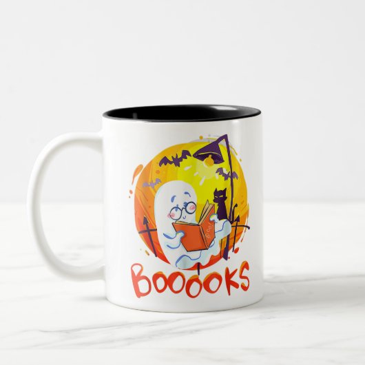 ブーおもしろいク幽霊読図書本ハロウィー ツートーンマグカップ (左)
