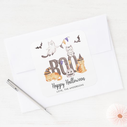 ブーかわいいハッピーハローウィン猫幽霊たちキッドパーティー スクエアシール (封筒)