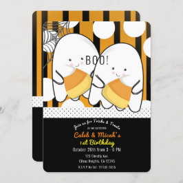 ブーかわいい幽霊ツインボーイズハロウィーン誕生日パーティー 招待状