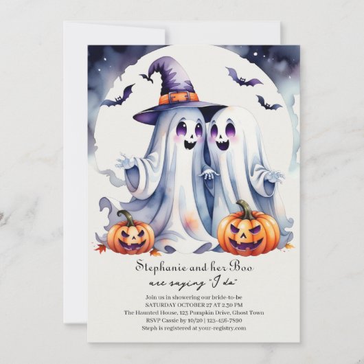 ブーかわいい幽霊ハロウィーンブライダルシャワー 招待状 (正面)