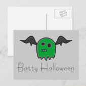 ブーこうもりグリーン幽霊バティハロウィーンハガキ ポストカード (正面/裏面)