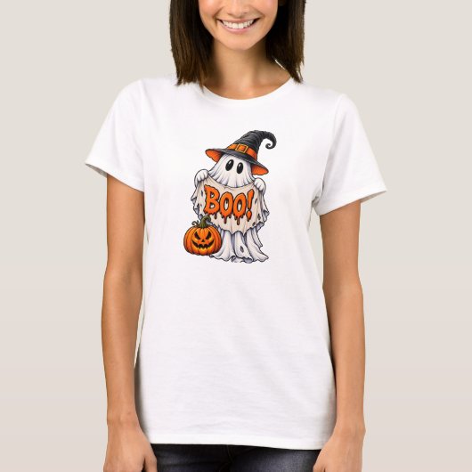 ブーと叫ぶお化けのバナー Tシャツ (正面)