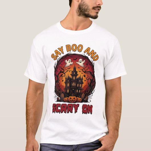 ブーと言って 怖い お化け屋敷 ゴースト かぼちゃ ハロウィン Tシャツ (正面)