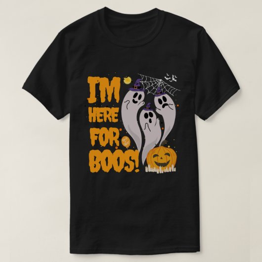ブーに会いに来たよ!ハロウィンに友好的な幽霊3体 Tシャツ (デザイン正面)